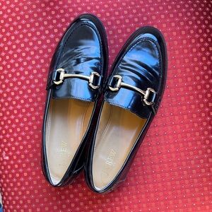 J. Crew Shiny Black Loafers with Gold Accent